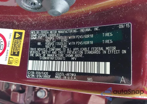 2015 Toyota Highlander Le Plus V6 z USA, uszkodzony, nr VIN 5TDBKRFH6FS206613